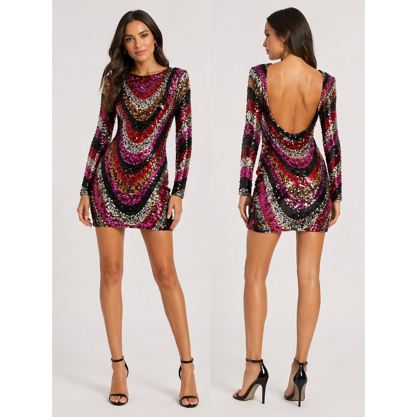 B Darlin Sequined Low-Back Mini Dress Juniors Xs Multi Crew Neck Long Sleeve
